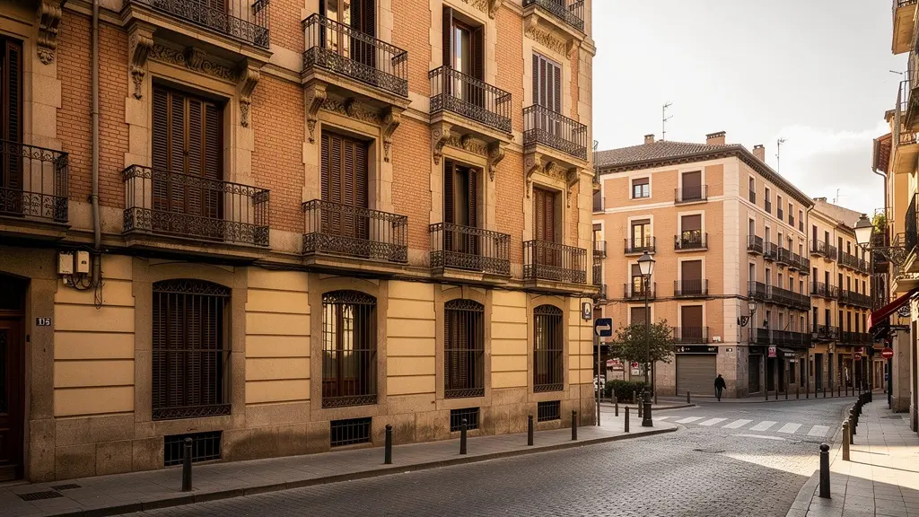 Calle típica de Madrid con fachada de edificio residencial y balcones de forja