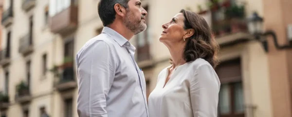 Pareja española evaluando fachada de edificio residencial en Madrid para elegir agencia inmobiliaria
