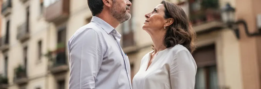 Pareja española evaluando fachada de edificio residencial en Madrid para elegir agencia inmobiliaria