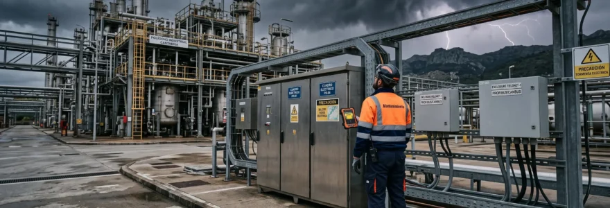 Un técnico observa el cielo tormentoso junto a armarios eléctricos de red industrial en una planta